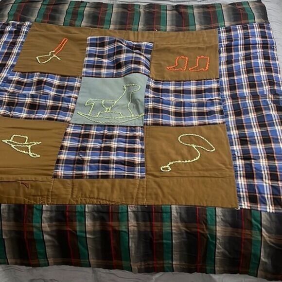 Homemade Plaid Squares Western Corduroy Squares Vintage Quilt 25 In x 54 In - Picture 2 of 14